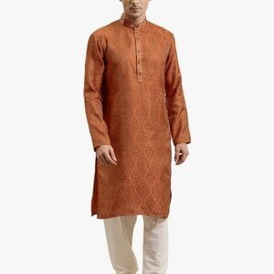 Orange Men's Traditional Kurta with Intricate Pattern
